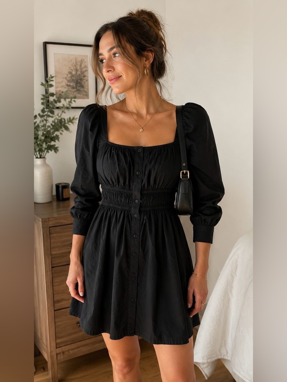 J.Crew Black Puff Sleeve Mini Dress‎ Smocked Waist Cotton Size 2